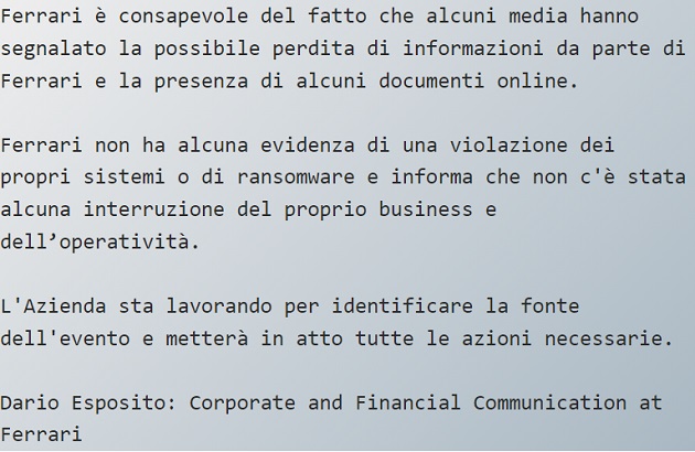 Ferrari ciberataque robo datos filtracion ransomware RansomEXX  comunicado noticia bit life media