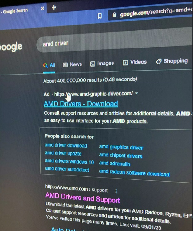 Enlace fraudulento drivers AMD controladores malware  google noticia bit life media